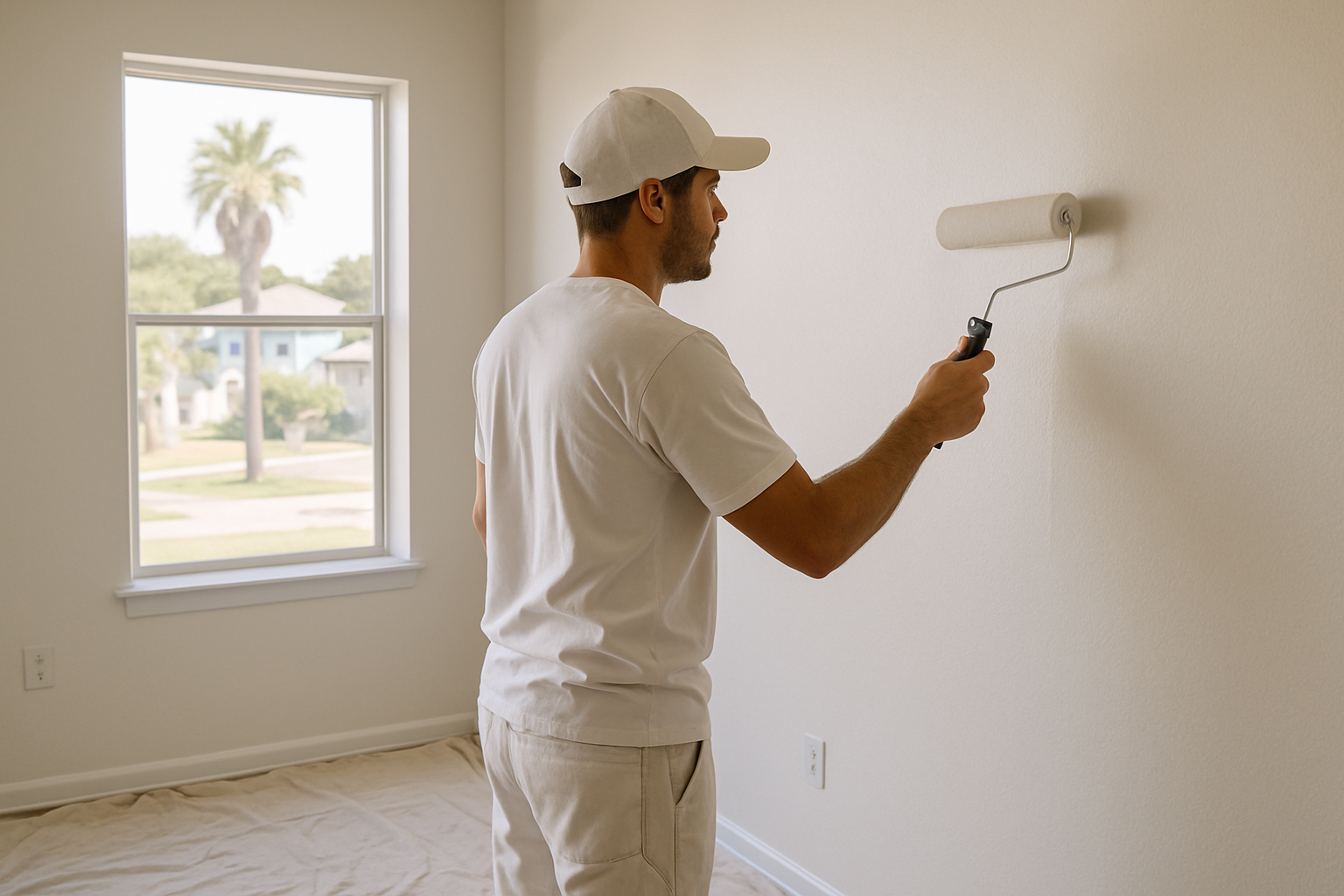 Painter rolling fresh white paint on the wall of an empty Coastal Bend apartment during a move-out turn, drop cloths covering the floor.