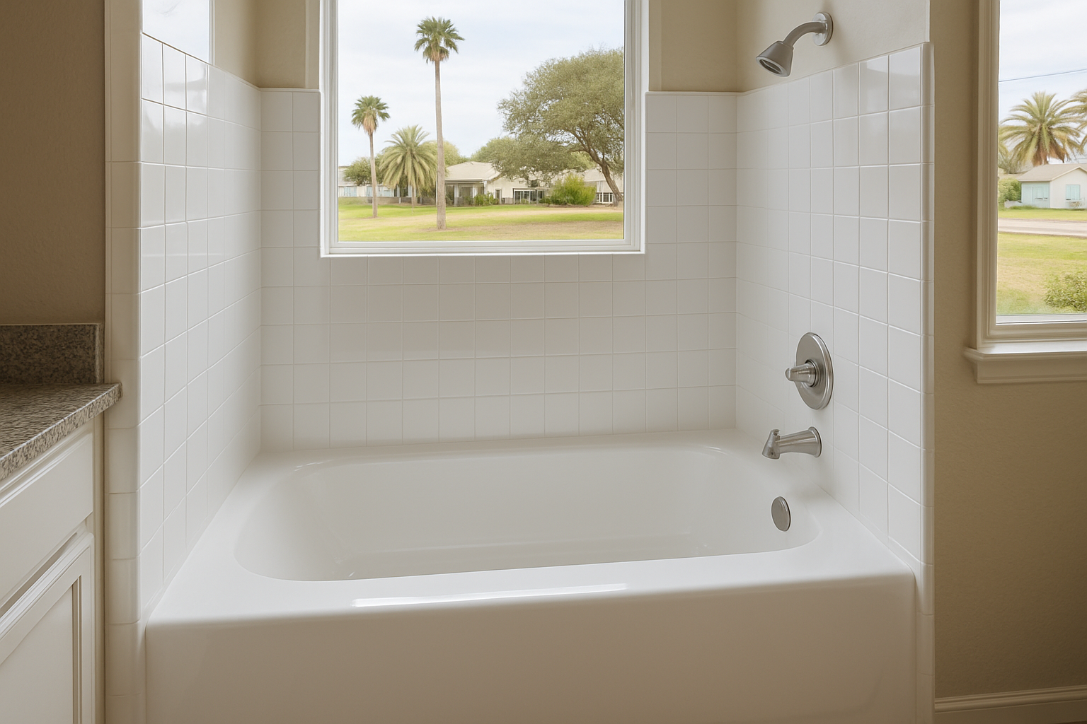 Freshly refinished glossy white bathtub and tile surround in a Coastal Bend bathroom, with masking and ventilation removed.