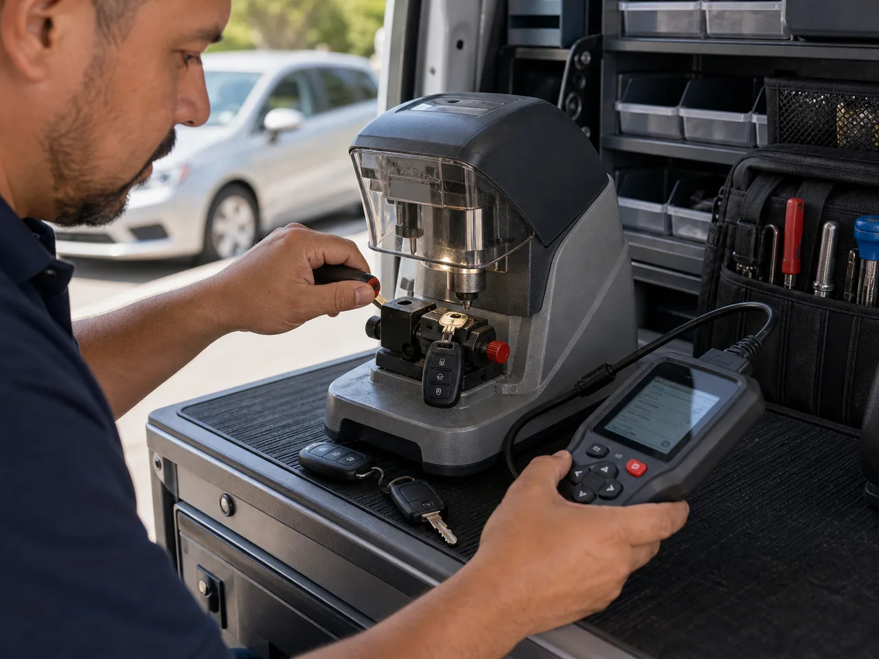Locksmith cutting and programming a transponder car key on-site