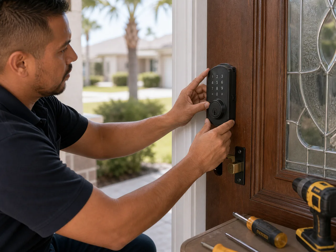Smart deadbolt being installed on a residential front door