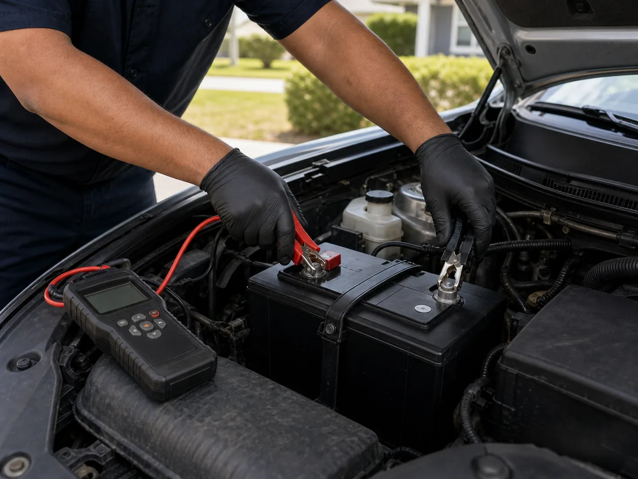 Mechanic installing a new car battery and testing the charging system