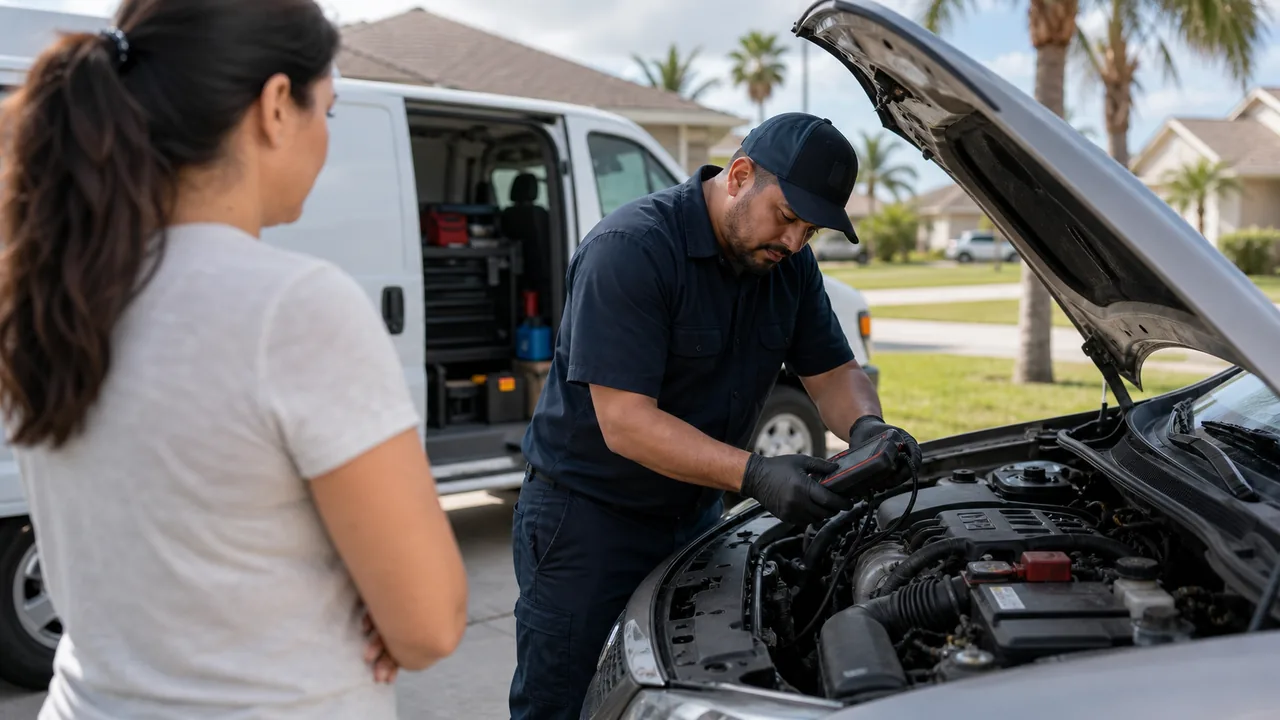 Mobile mechanic diagnosing a vehicle in a Coastal Bend driveway with a service van parked behind