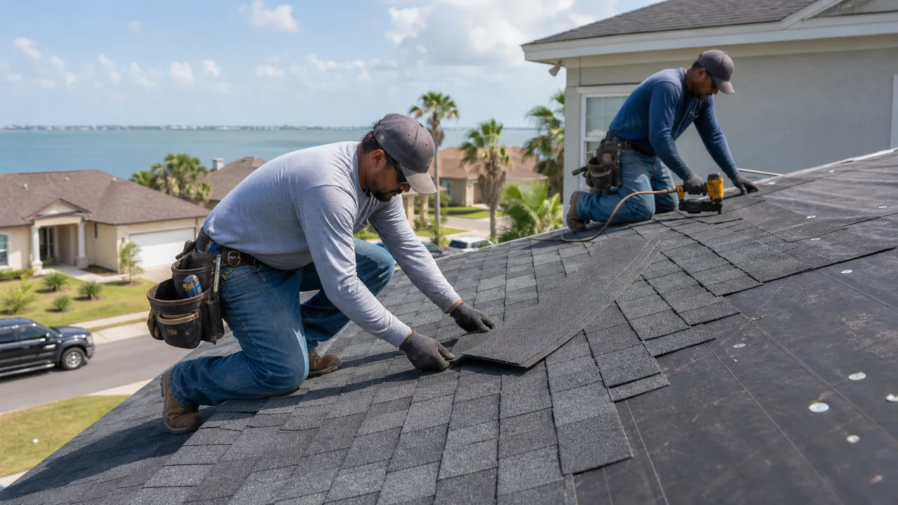 Roofing crew installing architectural asphalt shingles on a Coastal Bend home with the Gulf in the background