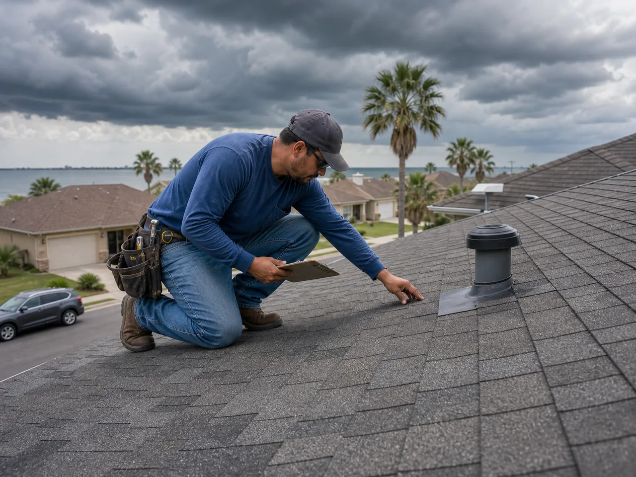 Roofer inspecting roof vents and flashing under storm clouds with a Coastal Bend bay visible behind