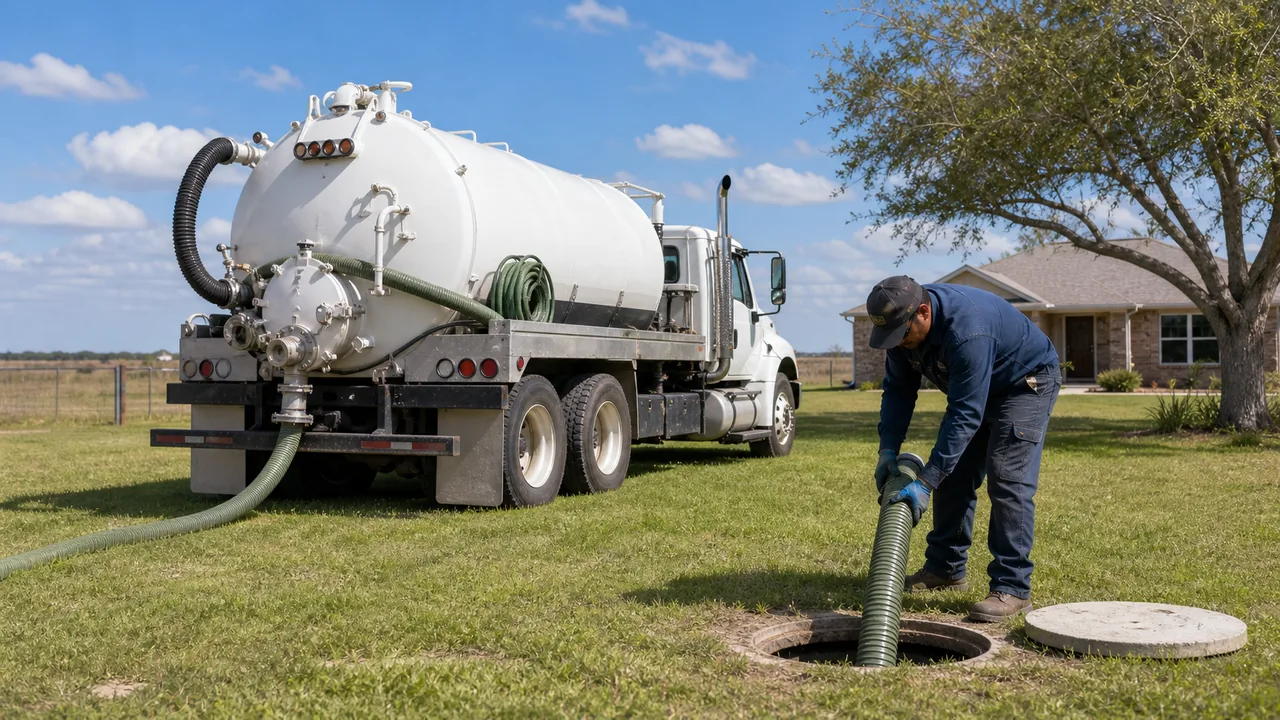 Septic vacuum truck pumping a residential tank on a Coastal Bend rural property