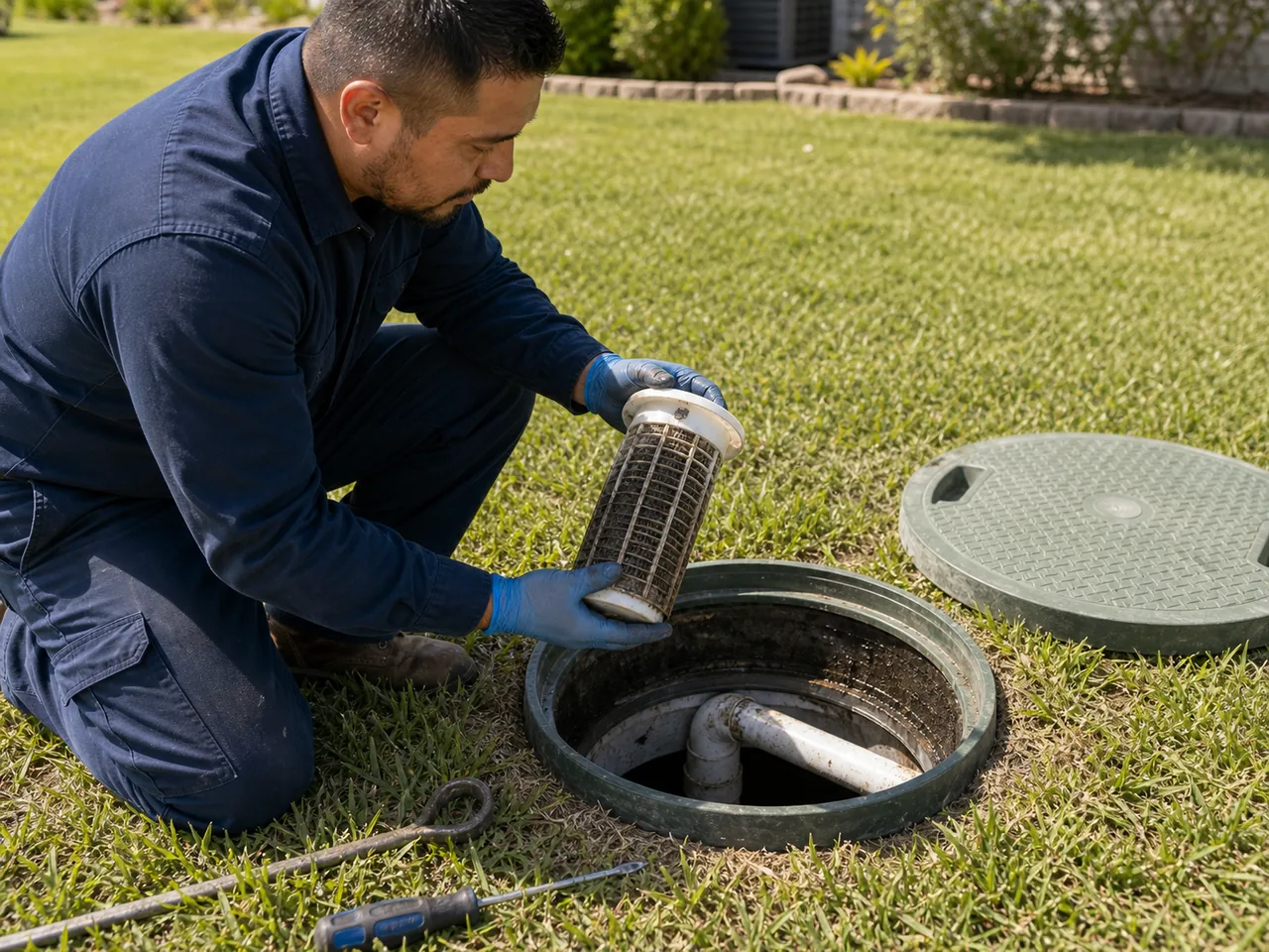 Septic technician inspecting an effluent filter pulled from an open tank riser, gloves on, riser lid set aside