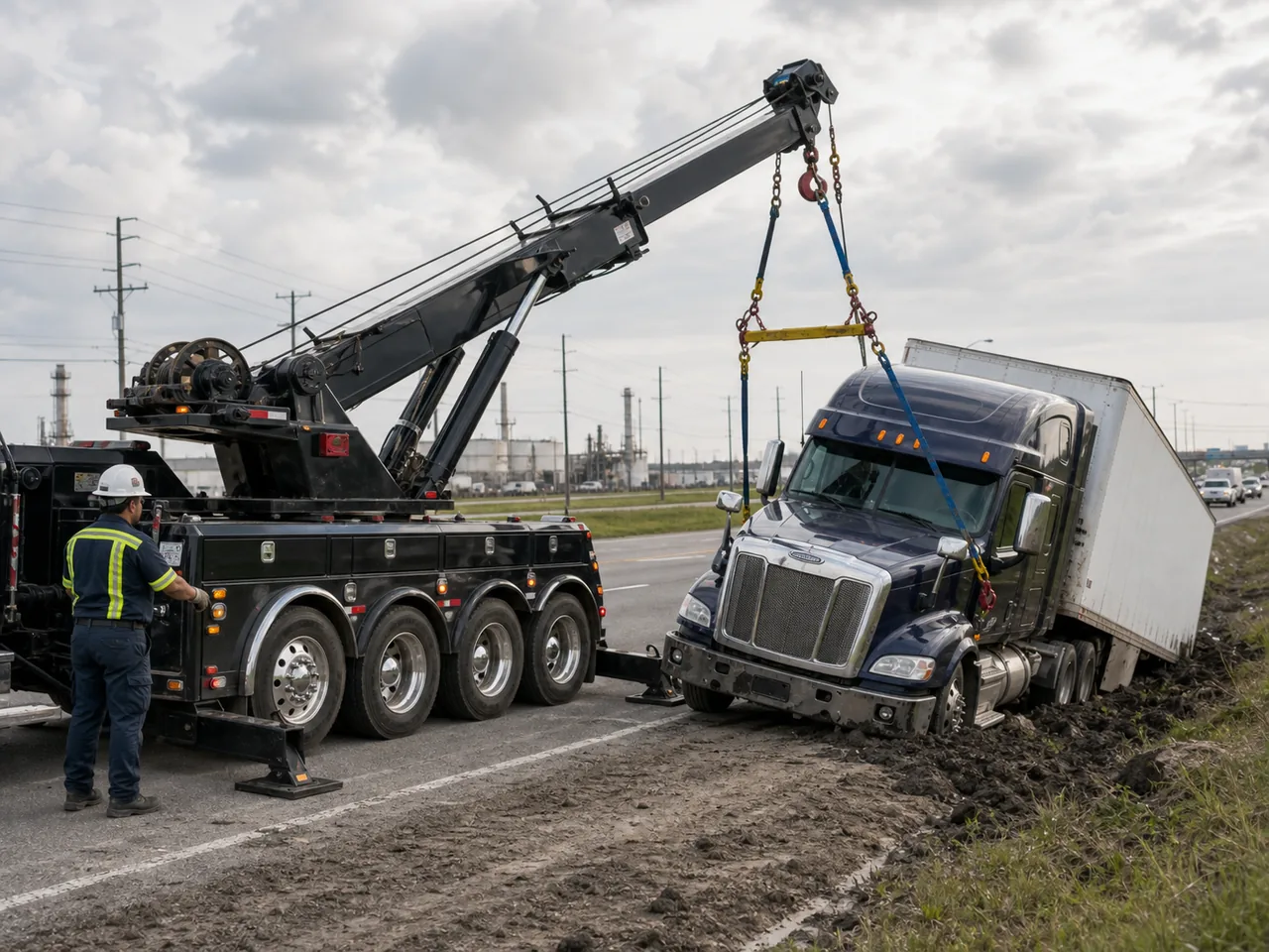 Heavy-duty rotator wrecker uprighting a commercial truck after a roadway accident